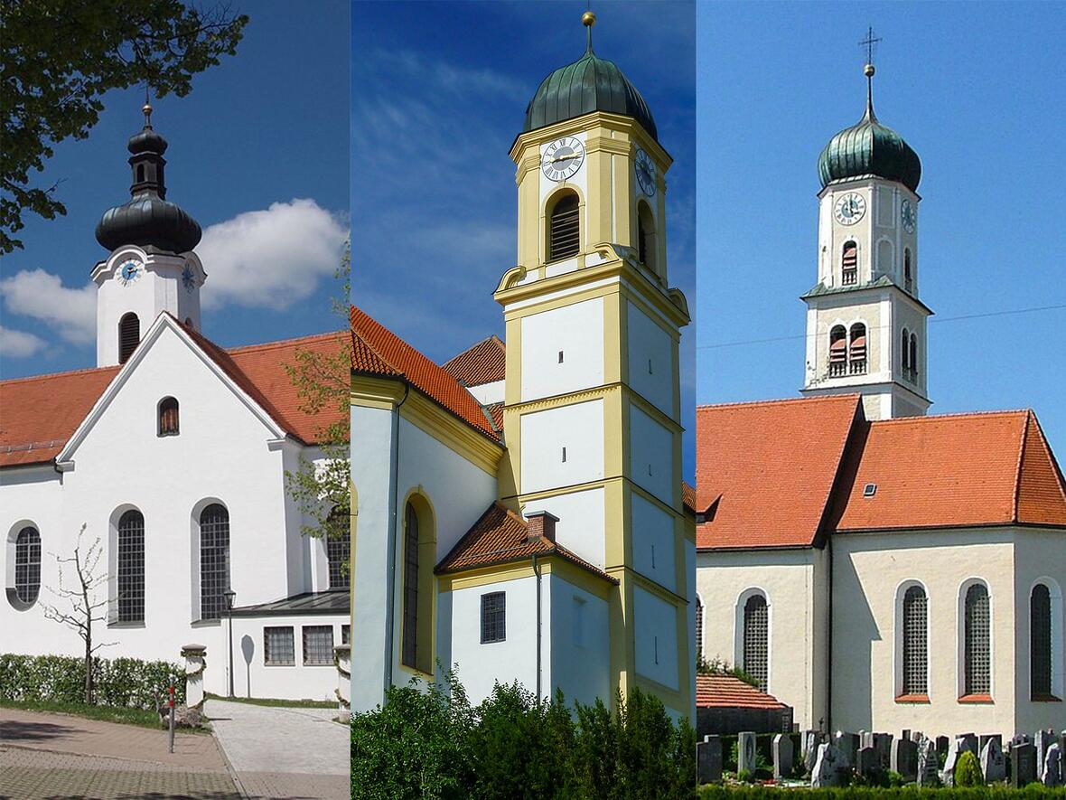 Seit 300 Jahren gibt es die Pfarrkirchen in Rieden, Bernbeuren und Leuterschach. (Bildrechte v.l.n.r.: Angela Huster / wikimedia; Pfarrei Bernbeuren, Richard Mayer / wikimedia)