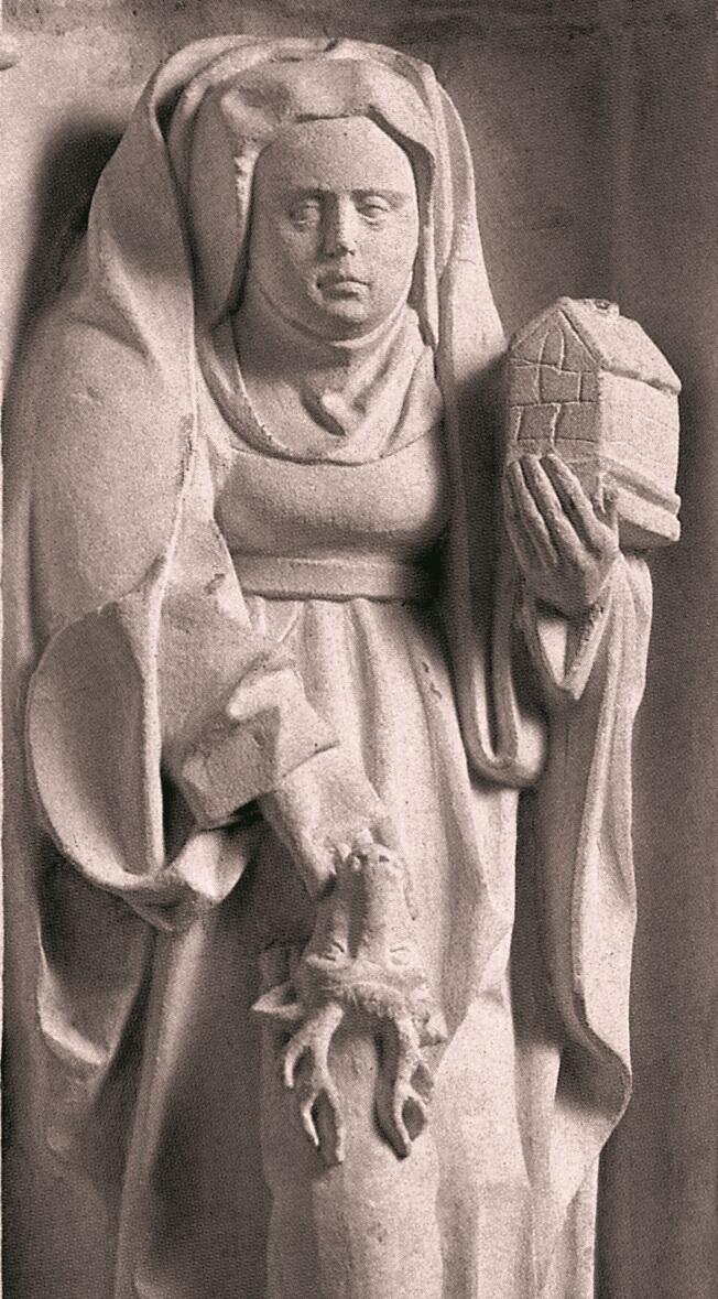 Figur am Taufbecken der Herzfelder Pfarrkirche St. Ida, 1523, aus: Vera Schauber, Hanns M. Schindler, Bildlexikon der Heiligen, 1999. Mit freundlicher Genehmigung der Autoren