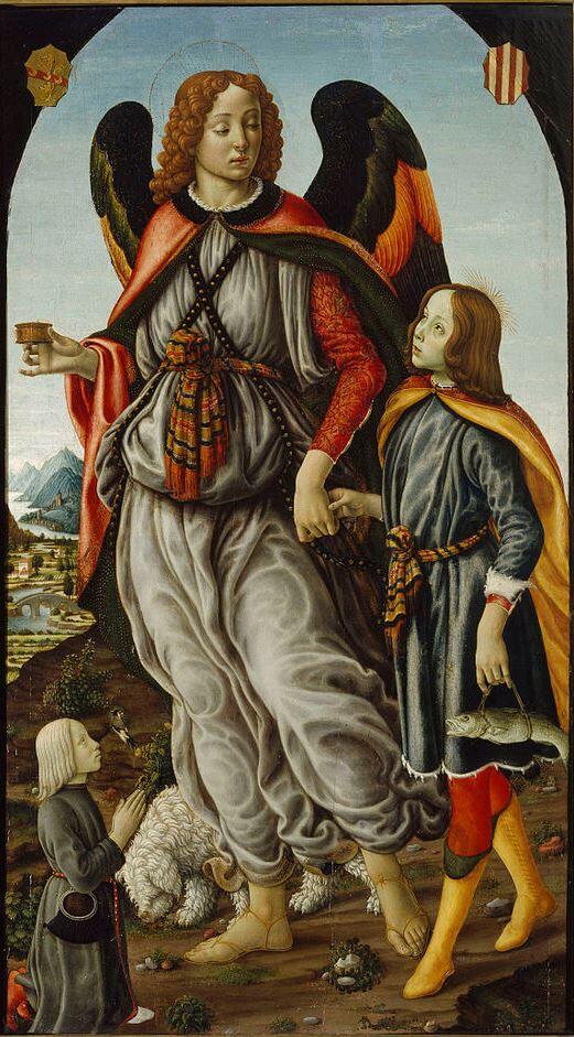Francesco Botticini, Der Erzengel Raphael mit Tobias und Stifter, 1480–1490, Sakristei der Kathedrale von Florenz