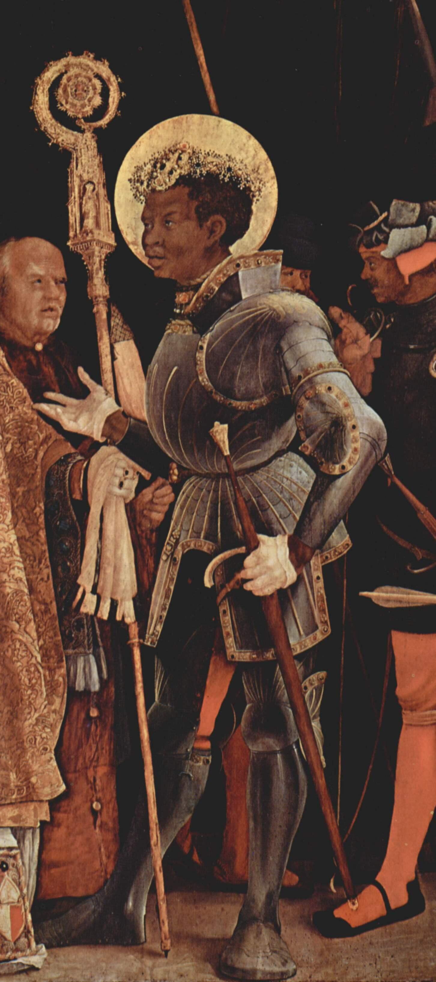 Matthias Grünewald, Empfang des hl. Erasmus durch den hl. Mauritius (Ausschnitt), um 1517–1523, Alte Pinakothek, München