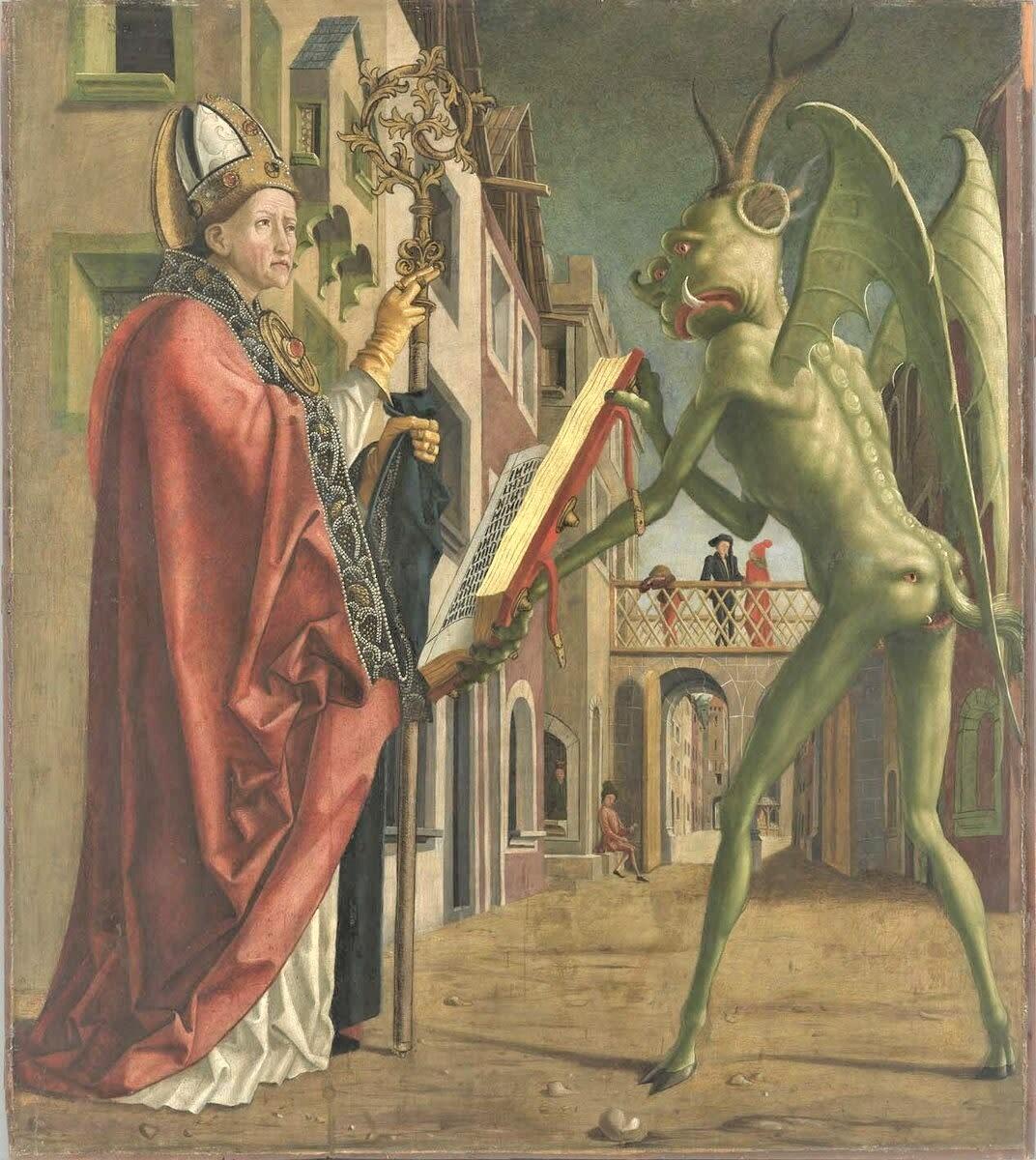 Michael Pacher, Der Teufel hält dem hl. Wolfgang das Messbuch, 1471–1475, Alte Pinakothek, München