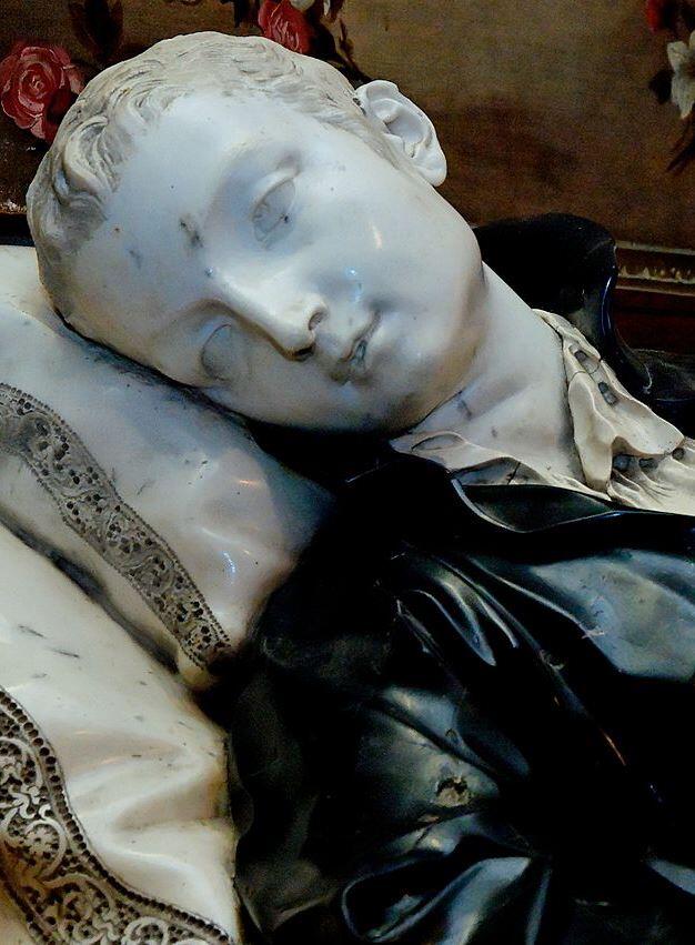 Detail der lebensgroßen Liegefigur von Pierre Legros d.J., 1703, Jesuitenkonvent bei S. Andrea al Quirinale, Rom