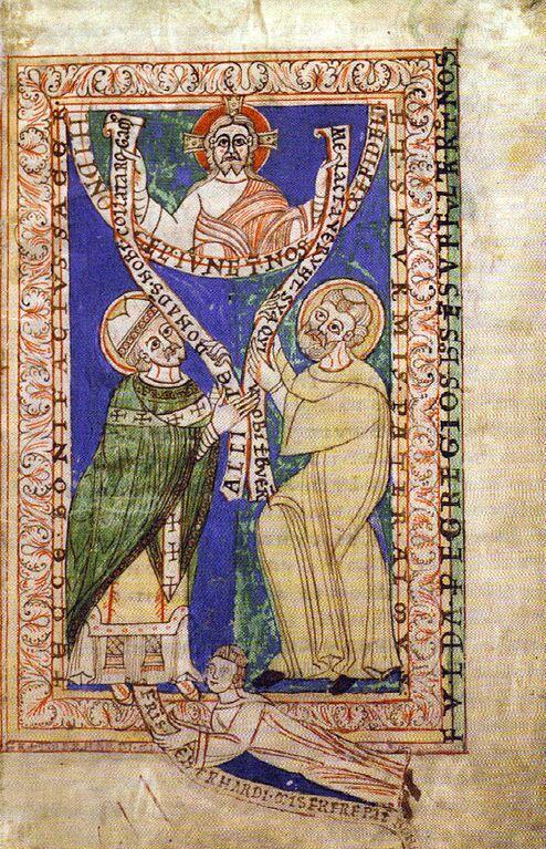 Mit Bonifatius (links) auf dem Widmungsbild des Codex Eberhardi, 12. Jahrhundert, Staatsarchiv Marburg