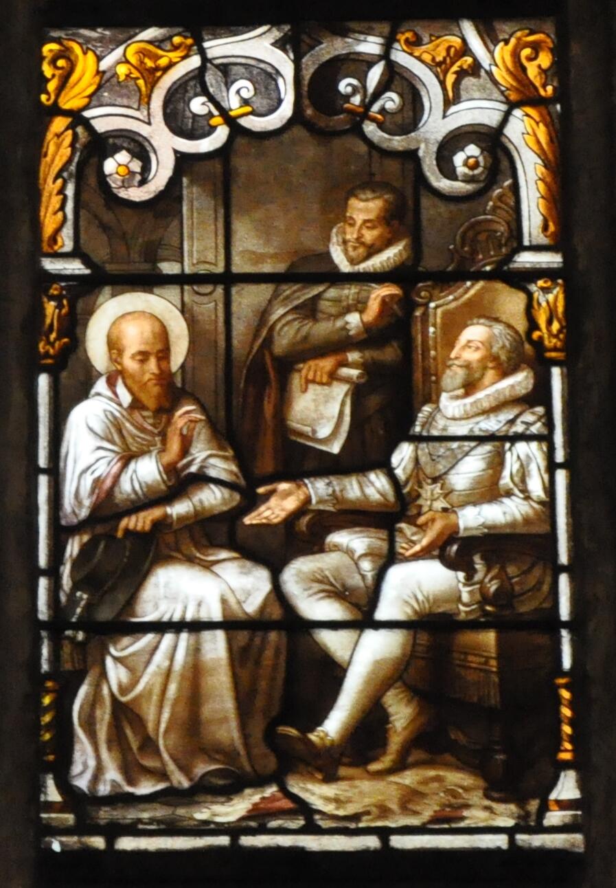 Franz von Sales im Religionsgespräch, Glasfenster von Claudius Lavergne (Ausschnitt), 1880, Kirche Saint-Nizier, Lyon. Foto: Philippe Alès (CC BY-SA 3.0)