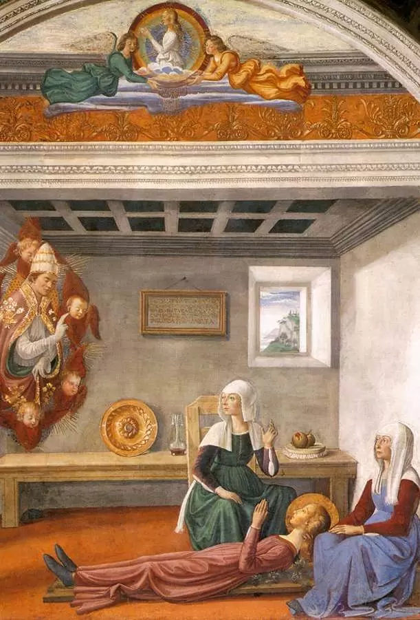 Domenico Ghirlandaio, Finas Todesankündigung (Ausschnitt), Fresko in der Finakapelle der Kollegiatskirche San Gimignano, 1473–1475