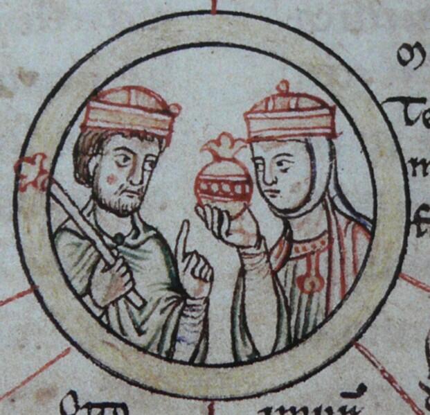 Mathilde und König Heinrich auf der Stammtafel der Ottonen, Chronica St. Pantaleonis, 12. Jahrhundert, Herzog August Bibliothek, Wolfenbüttel