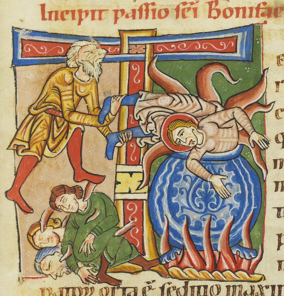 Martyrium des hl. Bonifatius, Weißenauer Passionale, 12. Jahrhundert, Fondation Bodmer, Coligny