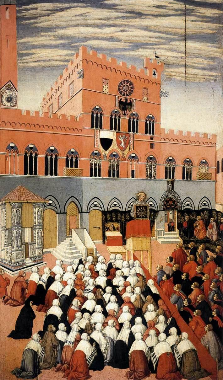 Sano di Pietro, Die Predigt des hl. Bernhardin auf der Piazza del Campo, 1445, Museo dell’Opera metropolitana del Duomo, Siena