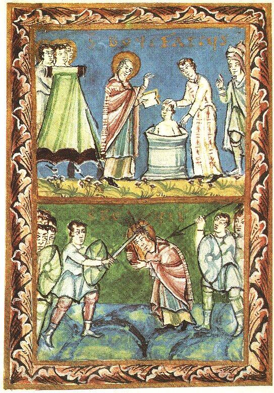 Heidentaufe und Martyrium Bonifatius’, Fuldaer Sakramentar, 11. Jahrhundert, Staatliche Bibliothek Bamberg