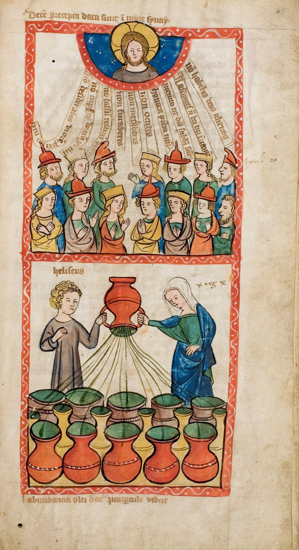 Elischa vermehrt die Ölvorräte der mittellosen Witwe, darüber die Zehn Gebote, Speculum Humanae Salvationis, um 1360, Universitäts- und Landesbibliothek Darmstadt