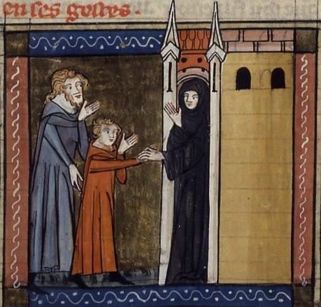 Marina wird von ihrem Vater ins Kloster geführt, Illustration einer französischen Ausgabe der Legenda aurea, 14. Jahrhundert