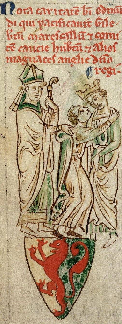Edmund versöhnt den Anführer der rebellischen Barone mit dem König, Historia Anglorum von Matthew Paris, 13. Jh.