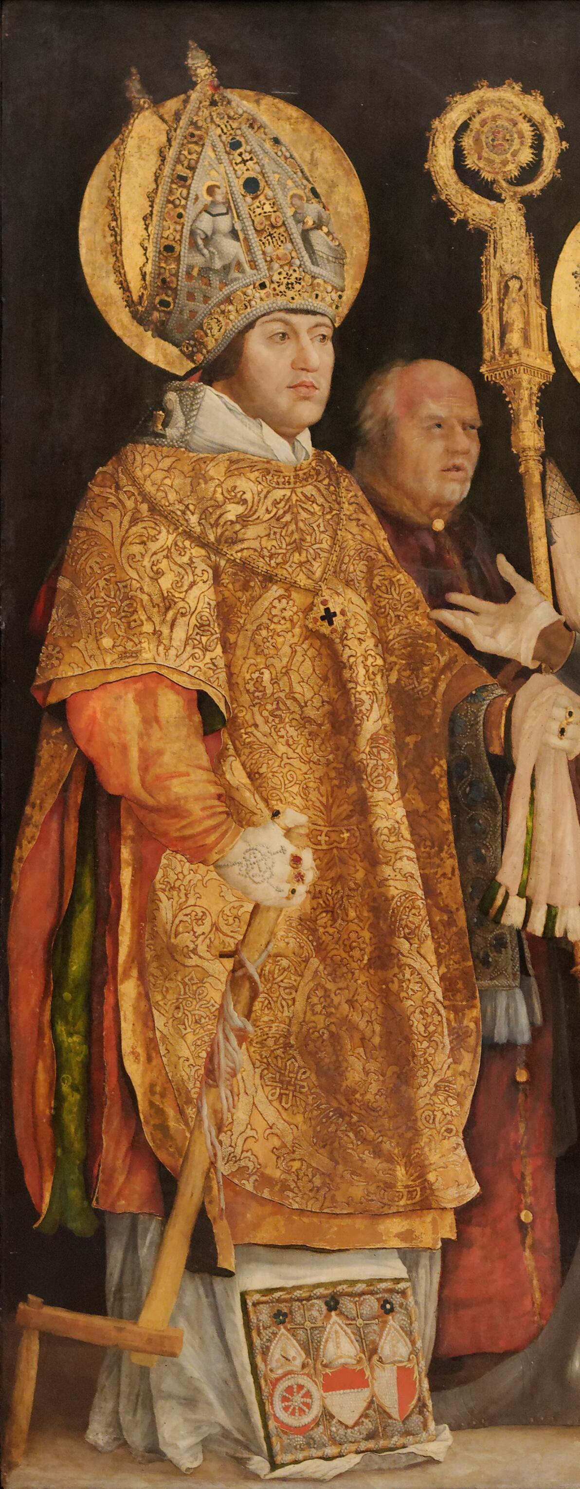 Matthias Grünewald, Empfang des hl. Erasmus durch den hl. Mauritius (Ausschnitt), um 1517–1523, Alte Pinakothek, München (CC BY-SA 4.0)