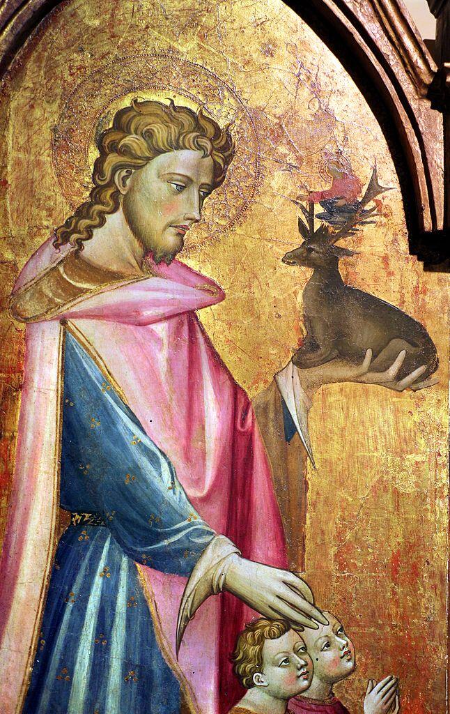 Eustachiusdetail aus dem Verkündigungstryptichon des Maestro dell’Annunciazione di Brozzi, um 1430, Museo di Arte Sacra, San Donnino, Campi Bisenzio bei Florenz. Foto: Sailko (CC BY 3.0)