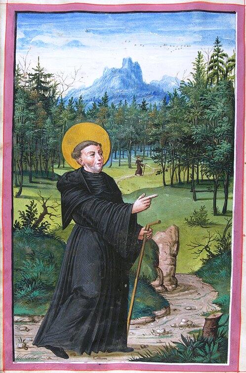 Der heilige Meinrad auf dem Weg in den Finstern Wald, Guttäterbuch (1588), Kloster Einsiedeln, Stiftsarchiv, Sign. KAE.A.WD.11a, Seite 6 (CC BY-NC-SA 2.5 CH)