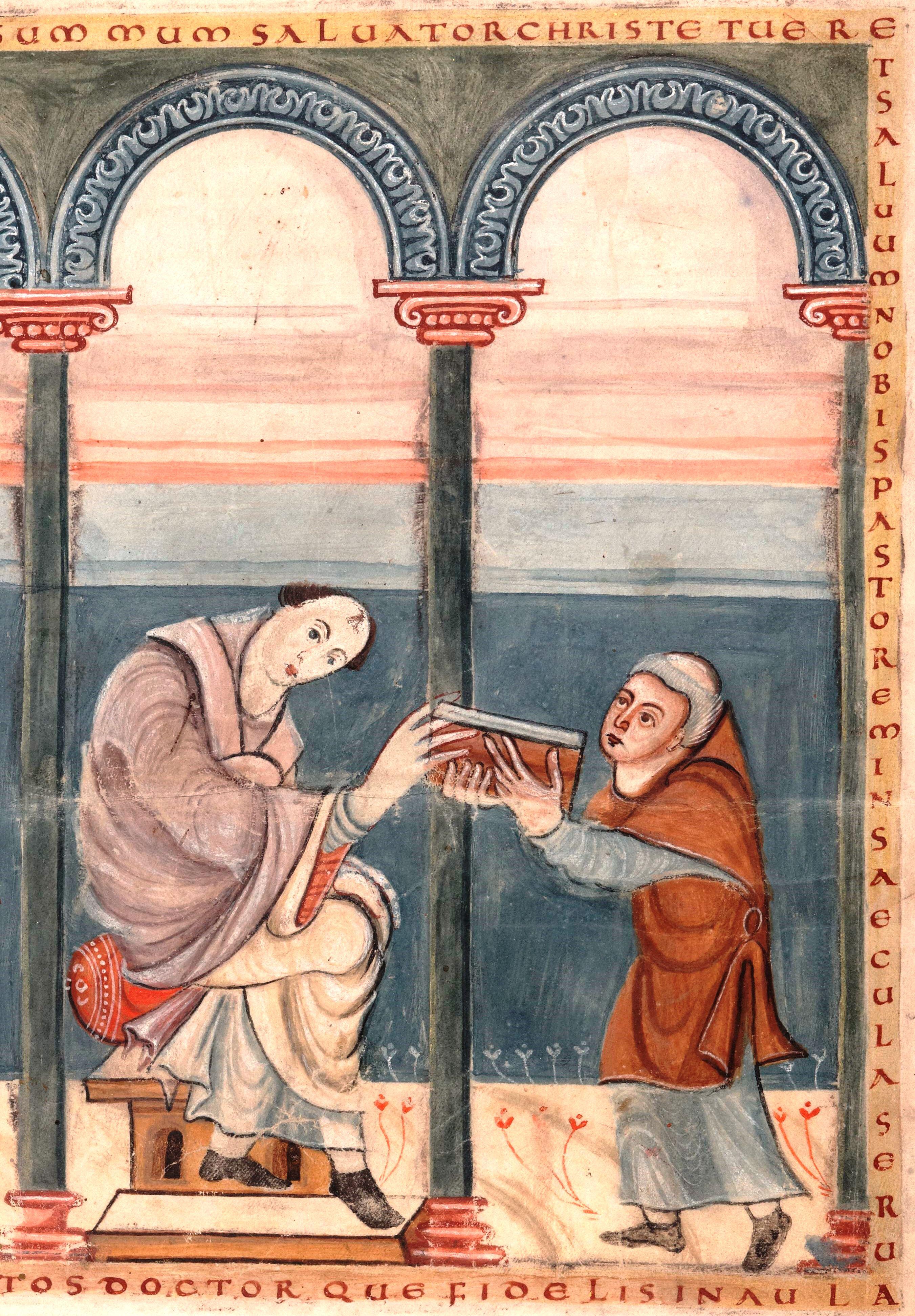 Rabanus überreicht Papst Gregor IV. sein Werk „De laudibus sanctae crucis – Lob des heiligen Kreuzes“ (Ausschnitt), um 844, Amiens Bibliothèque municipale Ms. 223