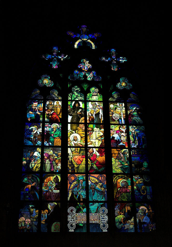 Szenen aus dem Leben der heiligen Cyrill und Methodius: Glasfenster im Prager Veitsdom von Jan Veselý nach einem Entwurf von Alfons Mucha, 1931