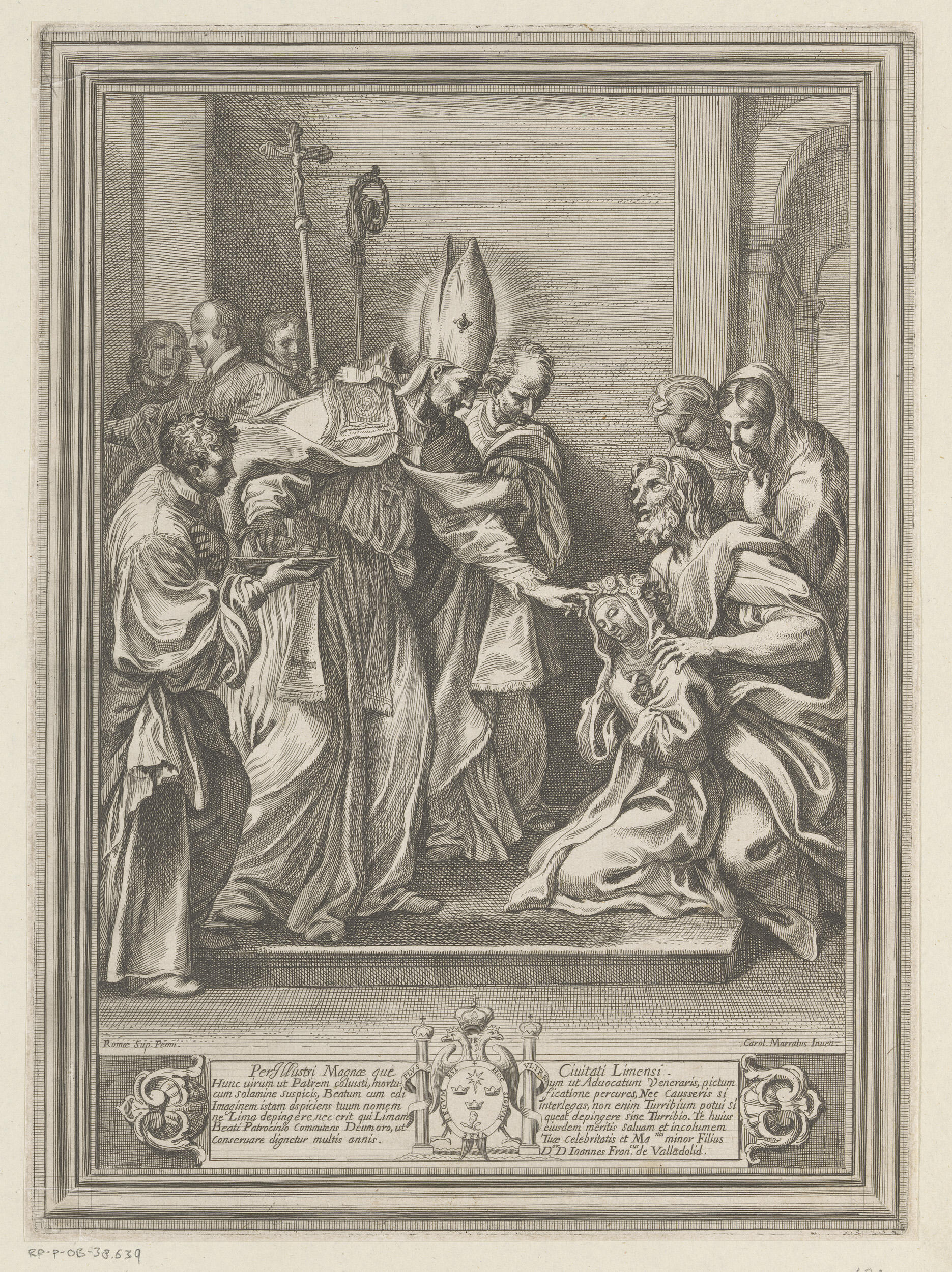 „Turibius von Mogrovejo segnet eine junge Frau“ (Rosa von Lima): aus einer Kupferstichserie von Carlo Maratti, um 1625, Rijksmuseum, Amsterdam