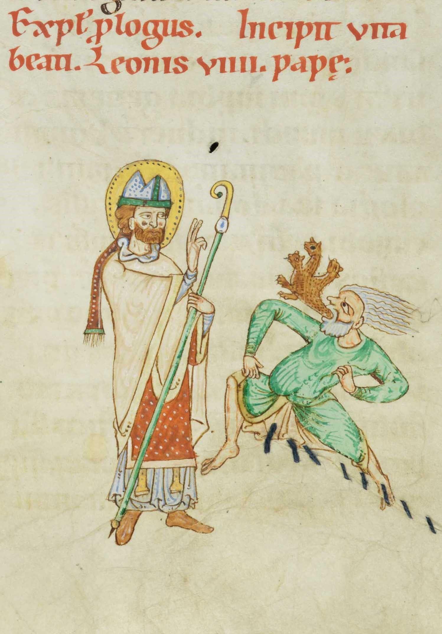 Papst Leo befreit einen Greis von einem Dämon. Illustration des Weißenauer Passionale, um 1170 bis 1200, Fondation Bodmer, Coligny