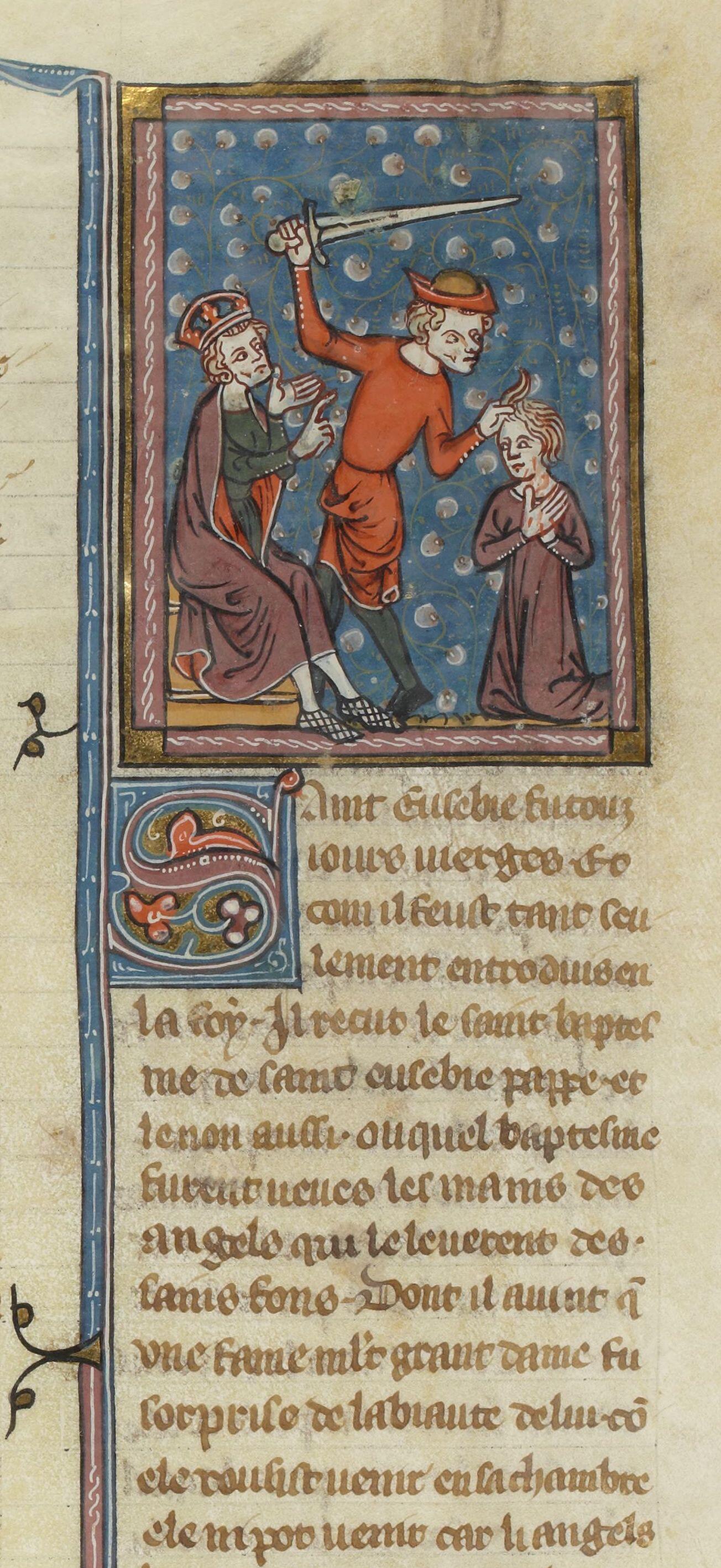 Martyrium des hl. Eusebius, in: „Vies de saints – Heiligenleben“, mit Buchmalereien von Jeanne und Richard de Montbaston, 14. Jh. Quelle: gallica.bnf.fr/Bibliothèque nationale de France