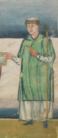 Pirmin auf dem Hornbacher Sakramentar, vor 983, Solothurn, Domschatz der St.-Ursen-Kathedrale, Cod. U 1, f.7v (www.e-codices.ch)