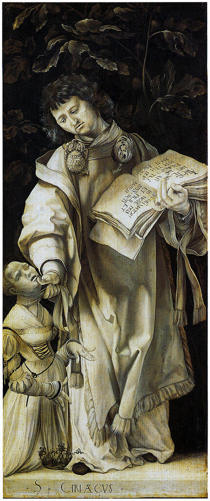 Matthias Grünewald, Der hl. Cyriacus heilt die Tochter des Diokletian von der Besessenheit, Standbild des Heller-Altars, um 1510, Städelmuseum Frankfurt