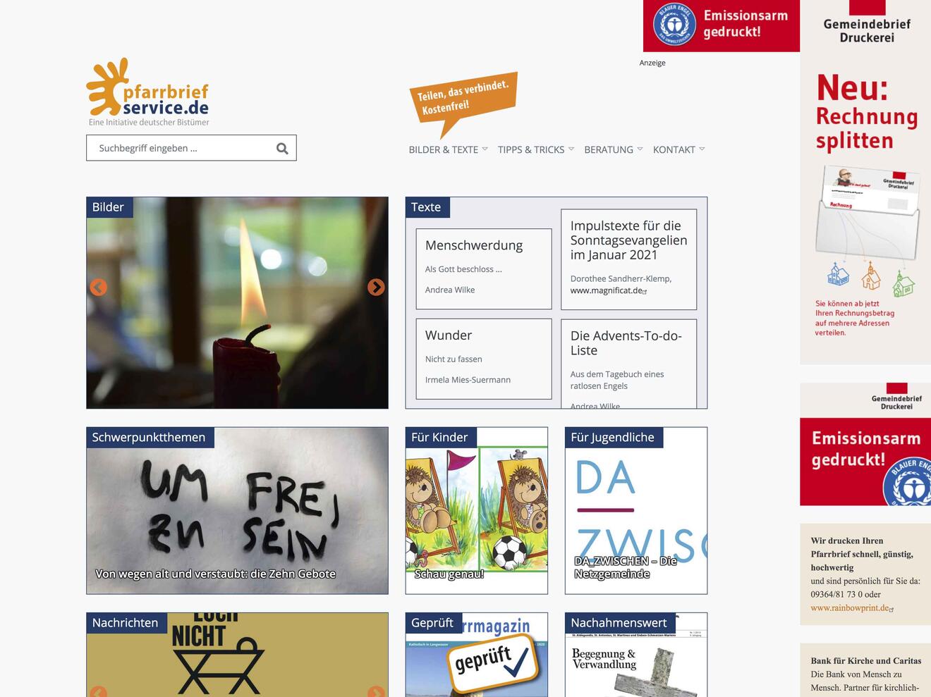 Screenshot von der neugestalteten Seite von Pfarrbriefservice.de (Bildquelle: pbs)