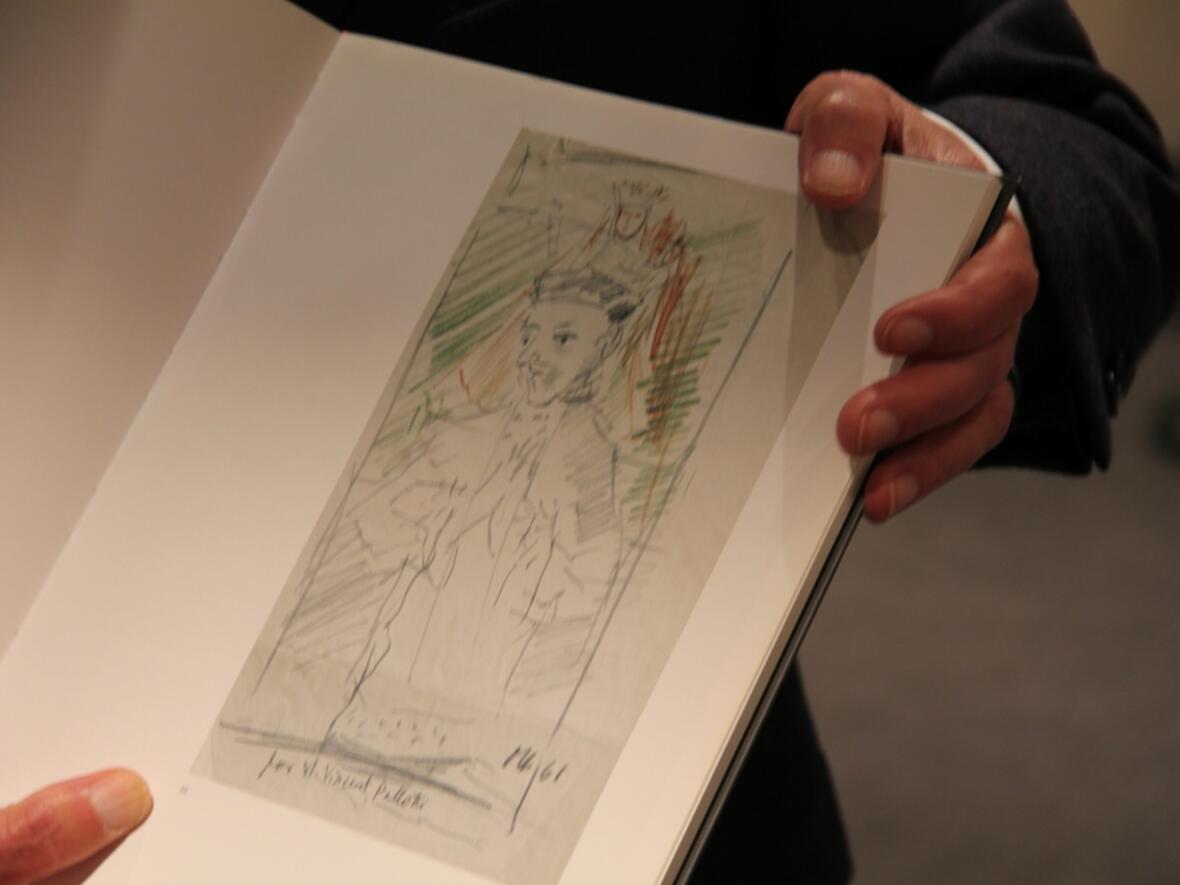 Diese Skizze fertigte Oskar Kokoschka über Vinzenz Pallotti an. Diese weicht in einigen Details von dem späteren Gemälde ab.