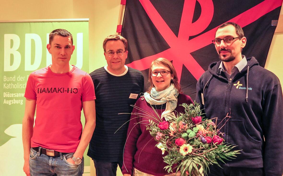 Norbert Harner, BDKJ-Diözesanvorsitzender, der bisherige BDKJ-Diözesanpräses Pater Christoph Lentz, Diözesanvorsitzende Johanna Maierbeck und Pfarrer Dominik Zitzler, der neu gewählte Diözesanpräses (v.links) Foto: BDKJ