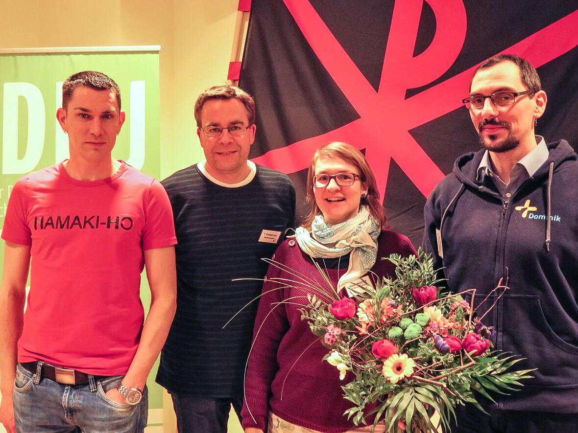 Norbert Harner, BDKJ-Diözesanvorsitzender, der bisherige BDKJ-Diözesanpräses Pater Christoph Lentz, Diözesanvorsitzende Johanna Maierbeck und Pfarrer Dominik Zitzler, der neu gewählte Diözesanpräses (v.links) Foto: BDKJ