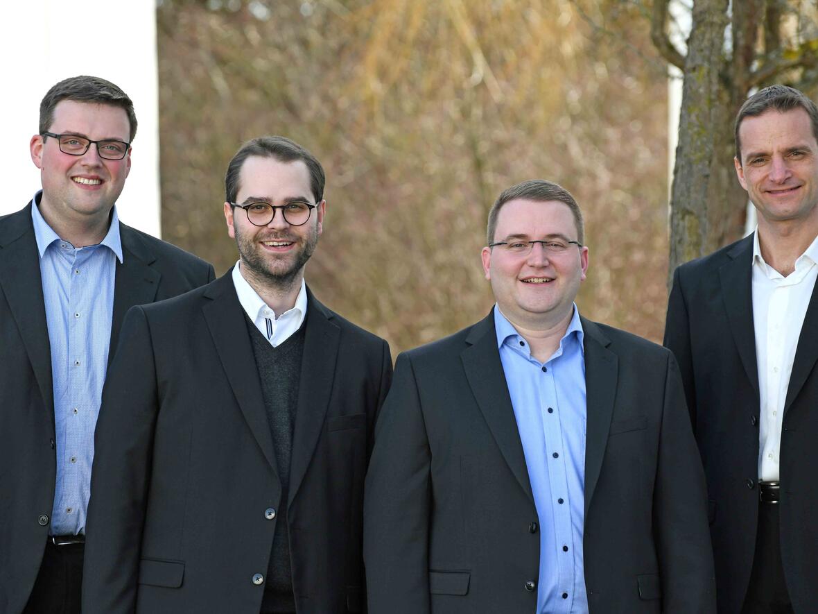 Sie empfangen am 5. Mai ihre Diakonenweihe: (v.l.) Florian Stadlmayr, Dominik Loy, Dominic Ehehalt und Marco Leonhart (Foto: Nicolas Schnall / pba). 