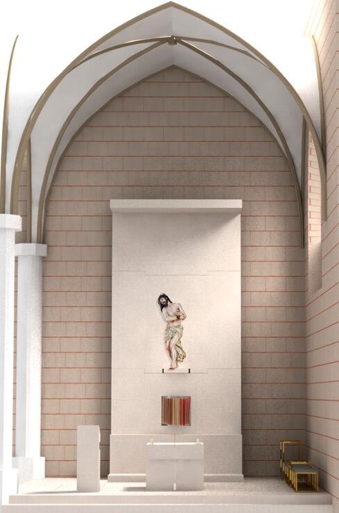 Die Grafik zeigt den geplanten Altarbereich. Als Material für Altar, Retabel, Ambo und den neuen Bodenbereich ist Kalkstein aus dem Altmühltal vorgesehen. Der Tabernakel wird von der bildenden Künstlerin Sabine Straub gestaltet. (Fotos/Montage: Wilhelm Huber, Sabine Straub, Iris Hahn/pba).