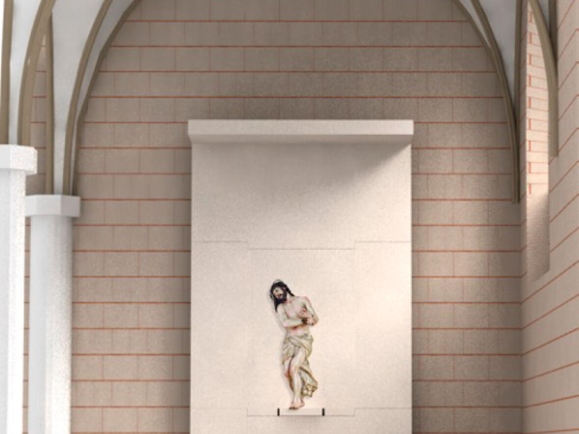 Die Grafik zeigt den geplanten Altarbereich. Als Material für Altar, Retabel, Ambo und den neuen Bodenbereich ist Kalkstein aus dem Altmühltal vorgesehen. Der Tabernakel wird von der bildenden Künstlerin Sabine Straub gestaltet. (Fotos/Montage: Wilhelm Huber, Sabine Straub, Iris Hahn/pba).