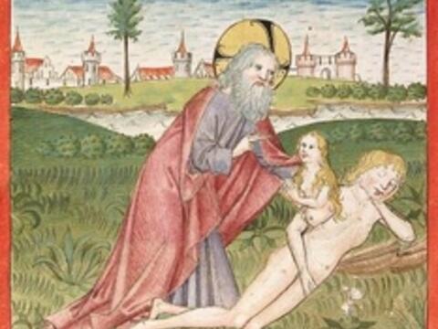 Werkstatt des Ludwig Henfflin: Die Erschaffung Evas aus der Rippe des Adam, Buchmalerei, 1477, Universitätsbibliothek Heidelberg.