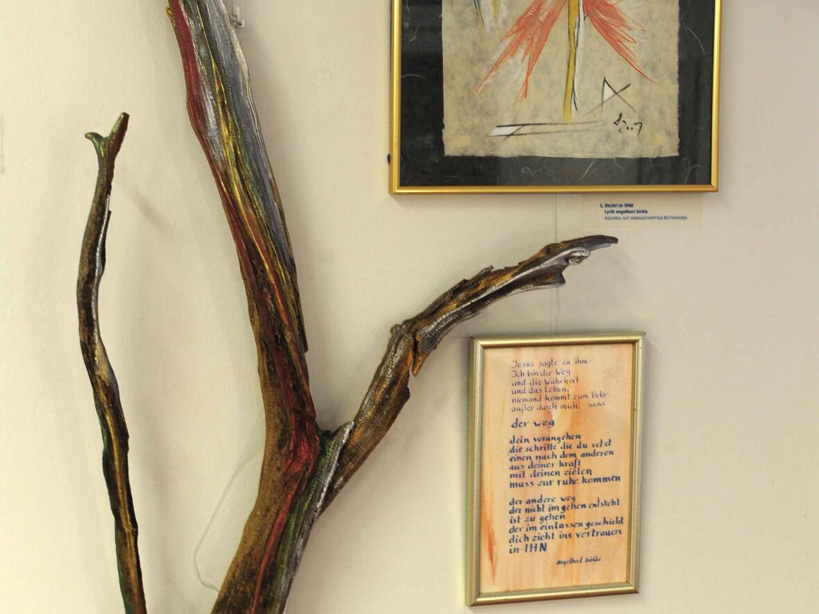 "Erlöst in IHM" mit Lyrik von Pfarrer Engelbert Birkle, Aquarell auf handgeschöpftem Büttenpapier.