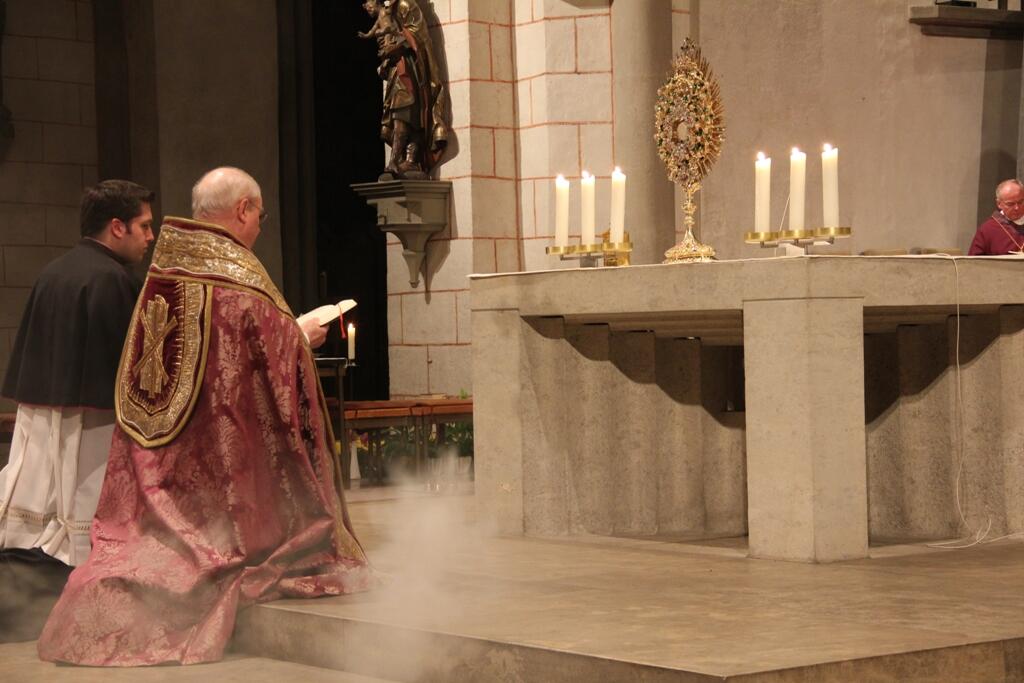 Bischof Konrad Zdarsa betet vor dem Allerheiligsten um geistliche Berufungen.