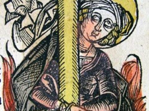 Eine Abbildung der Heiligen Afra aus Hartmann Schedels Nürnberger Weltchronik. 