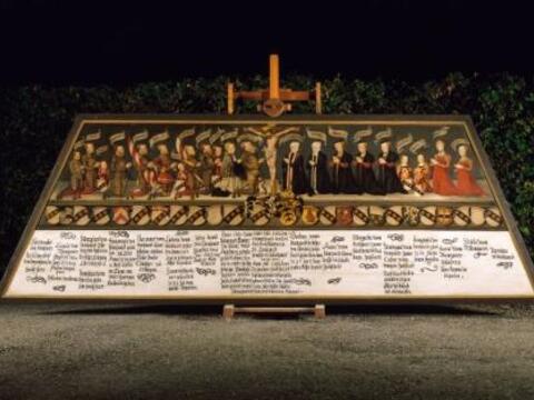 Die Gedenktafel des Simprecht von Benzenau und seiner Gemahlin Kunigunde von Stain Bild.Schwäbisches Bildungszentrum Kloster Irsee