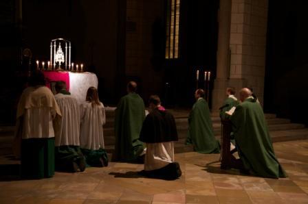 Bischof Konrad Zdarsa (rechts) betete vor dem ausgesetzten Allerheiligsten. Foto: mue