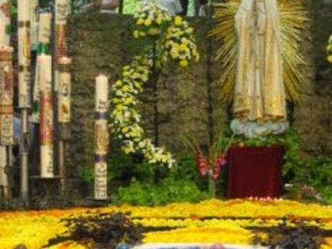 Blumenteppich vor der Mariengrotte in Maria Vesperbild aus dem Jahre 2007.