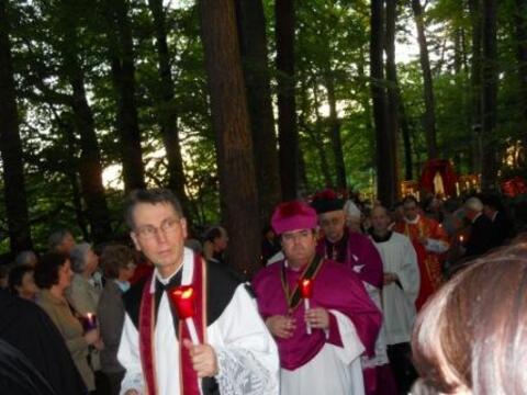 Domkapitular Harald Heinrich (2.v.v.) bei der Pfingstprozession an der Mariengrotte in Maria Vesperbild.