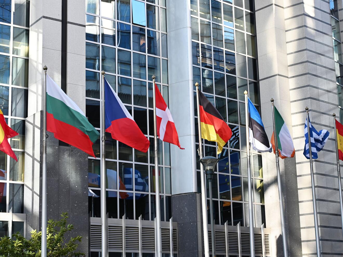 Fahnen vor dem EU-Parlamentsgebäude in Brüssel (Foto: Julian Schmidt / pba)