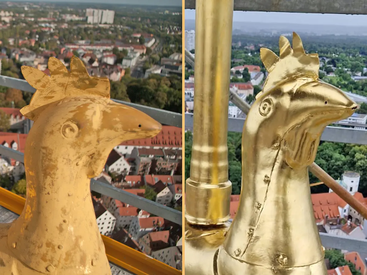Der Wetterhahn mit seiner neuen Vergoldung wurde zum Symbol für die Außensanierung der Ulrichsbasilika. (Foto: Michael Müller / Ulrichsbasilika)