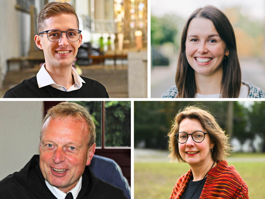Die Schreiber der Adventsmomente: Nicolas Schwandner, Kim Reicherter, Theodor Hausmann OSB und Alexandra Kettner. (Fotos: Leander Stork und Julian Schmidt / pba; privat)