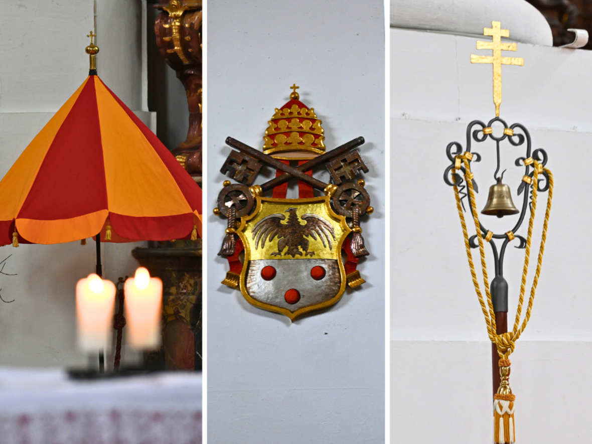 In der Klosterkirche von Ottobeuren weisen drei Dinge auf den Rang einer Basilika hin (v.l.): der Padiglione, das Papstwappen und das Tintinnabulum. (Fotos: Leander Stork / pba)